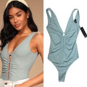NWT Lulus The Final XS Cut Light Sage Green Ribbed Bodysuit Cutout Hollow